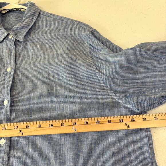 Zara 100% Linen Shirt Men M Casual Button Up Striped Blue Beachy Preppy Coastal - Picture 5 of 8